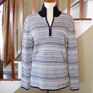 TITLE NINE Fair Isle Quarter Zip Black & White Sweater Nordic Pattern Large
